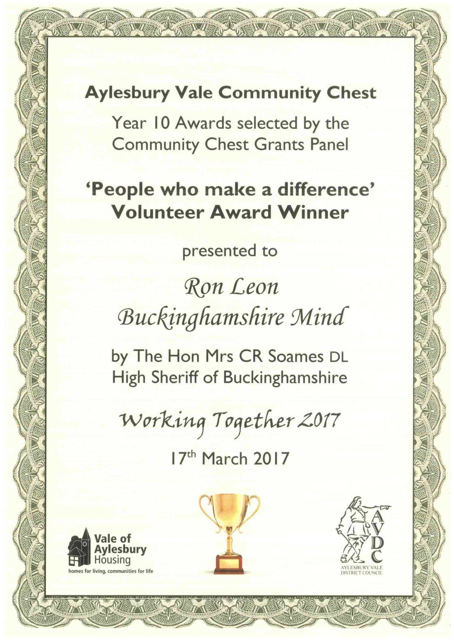 Click to see a larger version Volunteer award